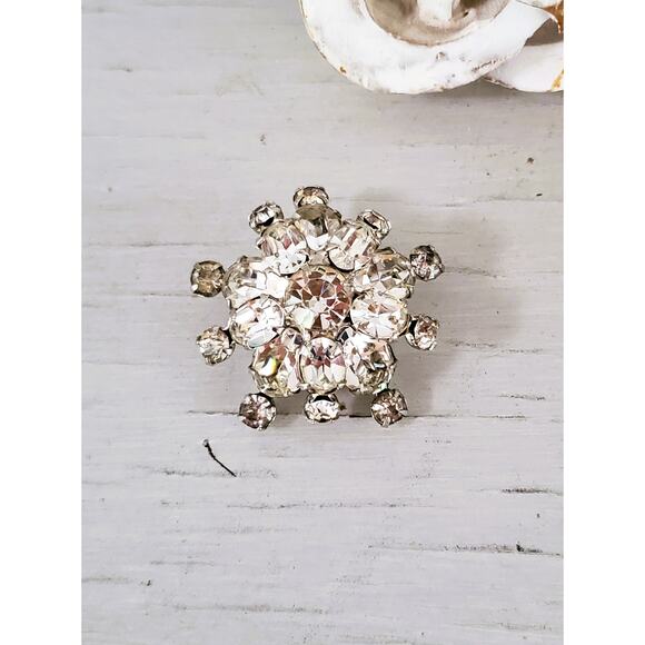 Vintage Mini Floral Clear Rhinestone Dome Brooch - Picture 2 of 6